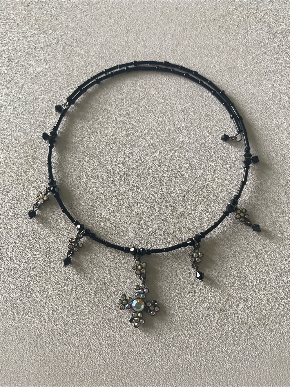 Black Bead Necklace with Iridescent Floral Charms - Women Jewelry